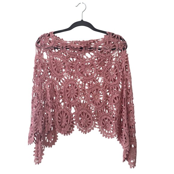 Handcrafted Crochet Floral Lace Shawl Poncho Wrap Pink Unique Design - Picture 3 of 8